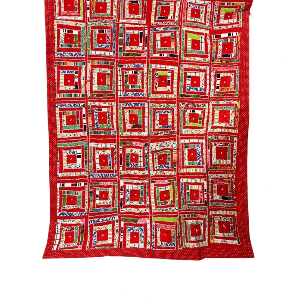 Vintage Handmade Log Cabin Quilt Hand Embroidered Twin 52x70 Folk Art